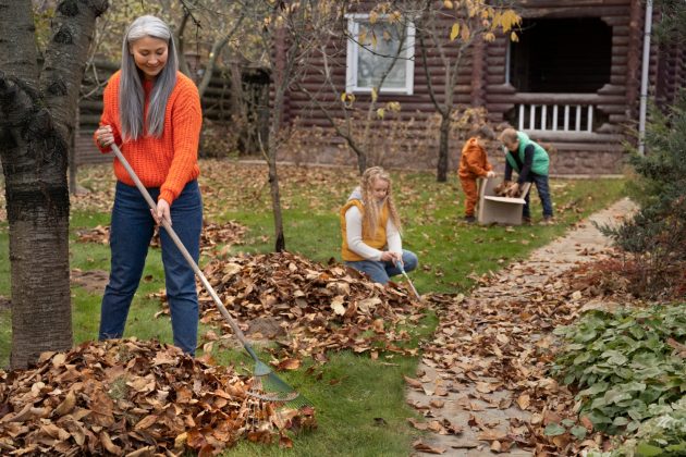 Family raking autumn leaves during a backyard yard cleanup project