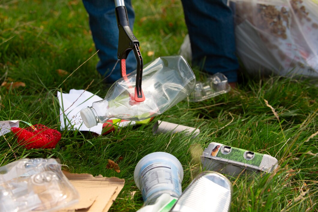 Volunteer picking up litter during community yard waste removal project